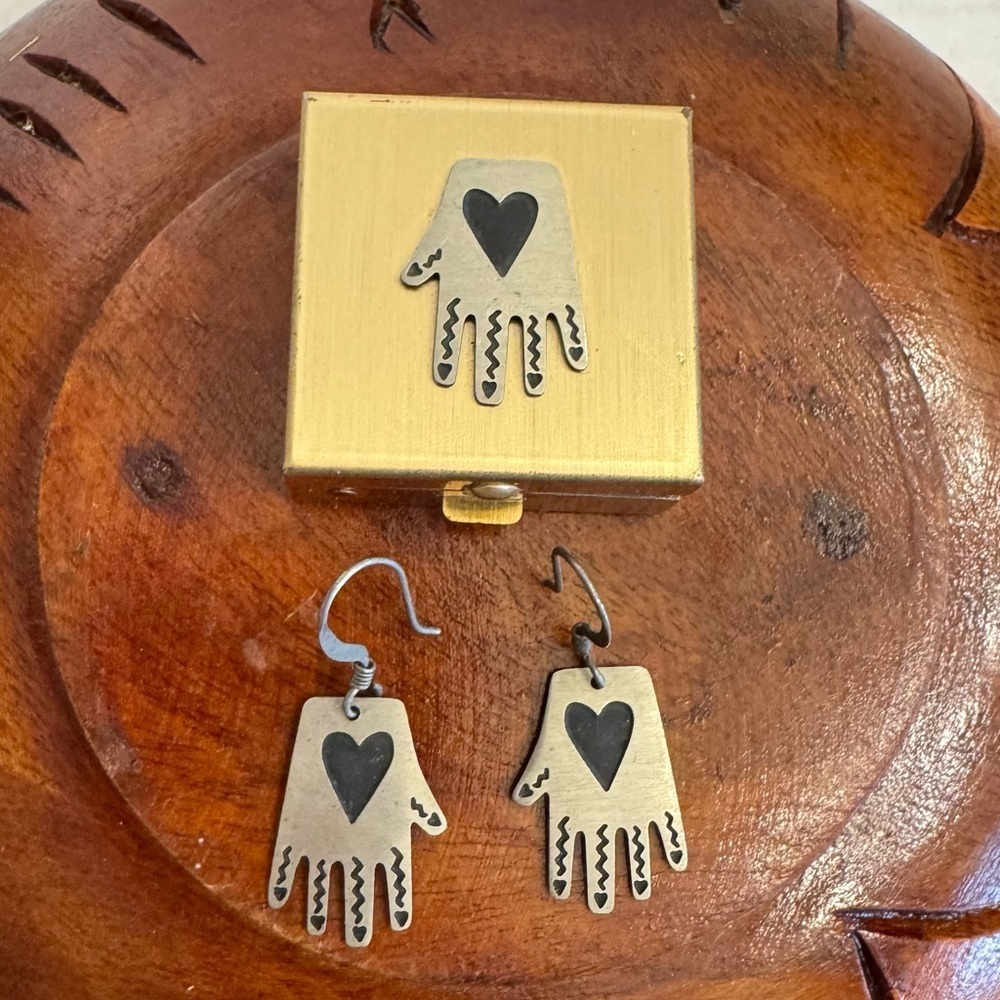 RARE Artisan Metal Hand Earrings With Matching Metal Box Jewelry Arty Art Unique